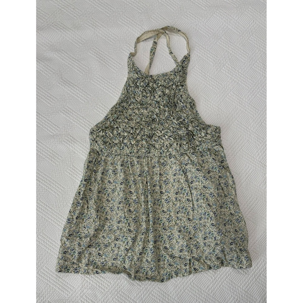 Free People Women's Petunia Mini Dress Blue Cream Floral Smocked Open Back XL